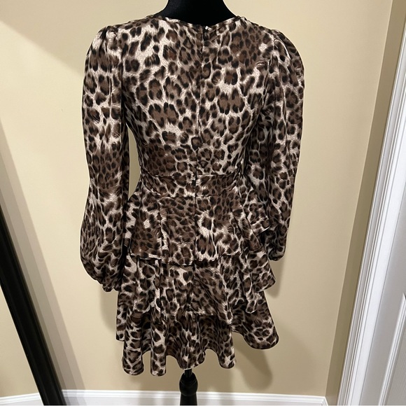 Ruffle Layered Dress Animal Print Leopard Puffer Sleeves V Neck midi Dress High - Picture 7 of 7